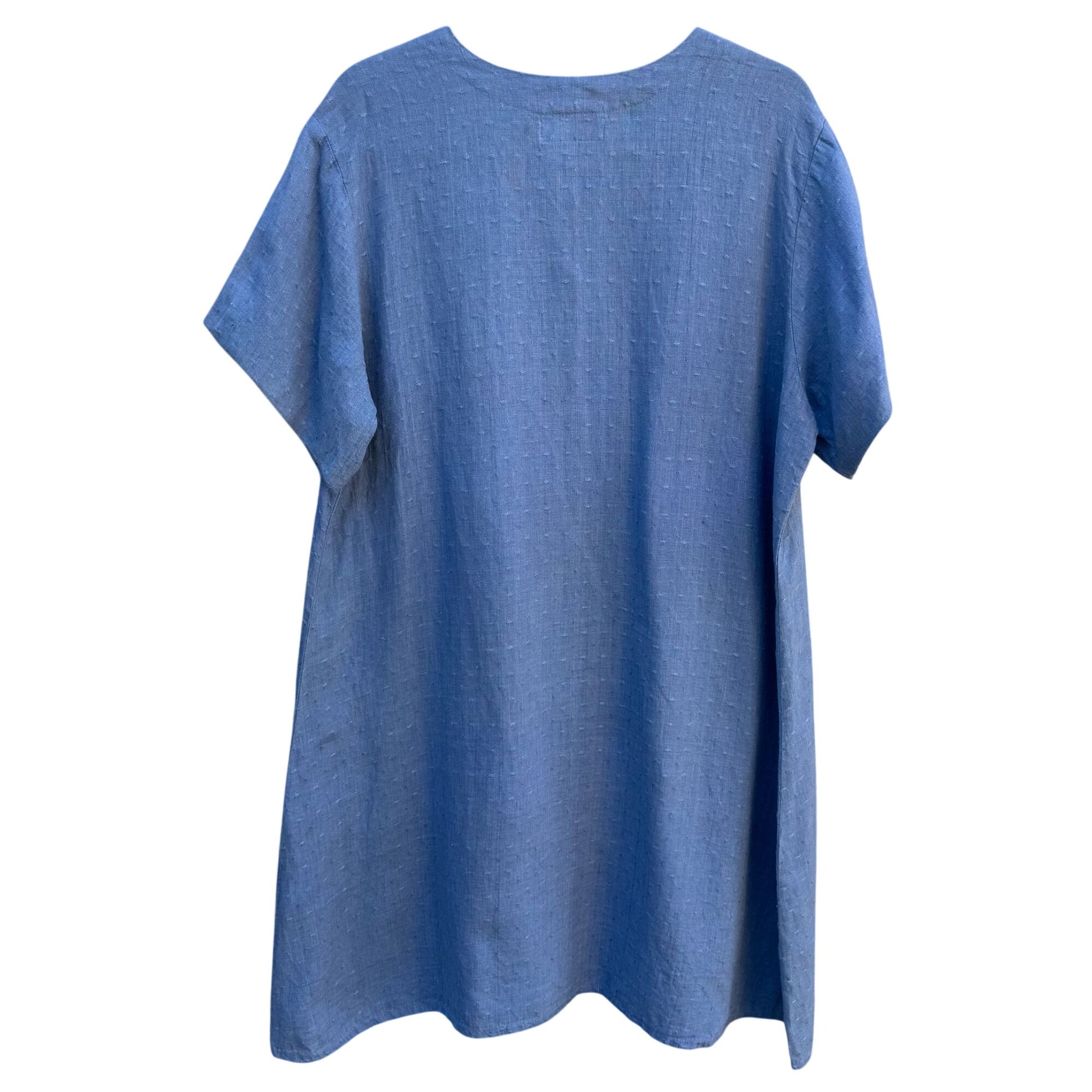 Flax Womens Lagenlook Boho Blue Linen V Neck Pearlized Button Tunic Midi Dress L