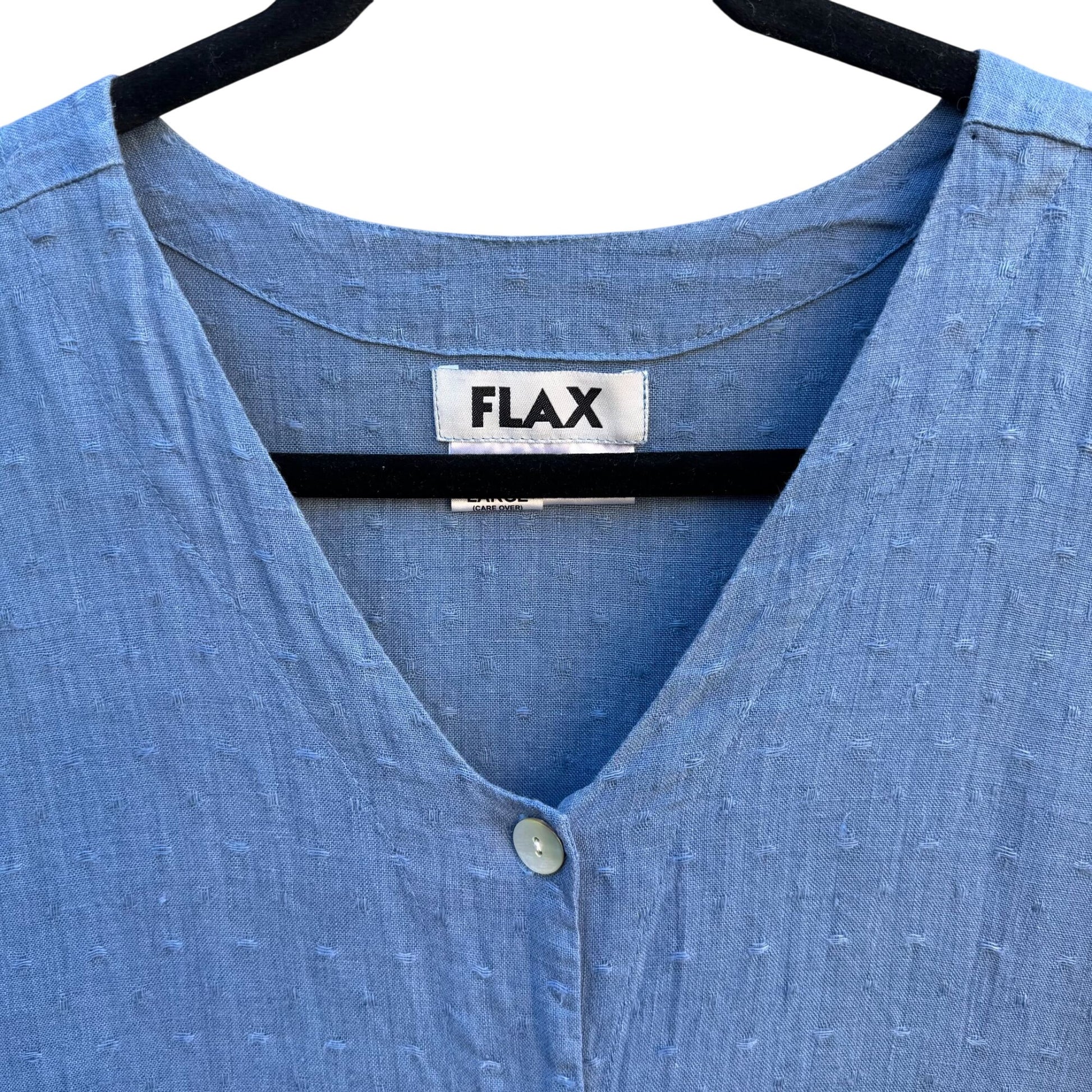 Flax Womens Lagenlook Boho Blue Linen V Neck Pearlized Button Tunic Midi Dress L