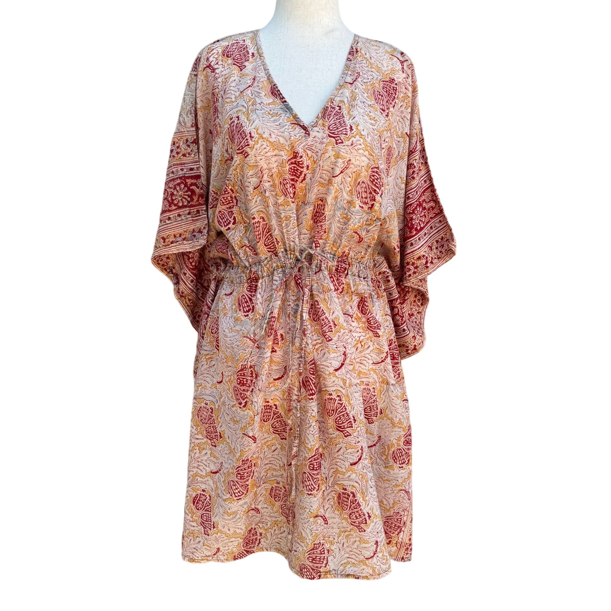 World Market Bohemian V Neck Red Beige Floral Paisley Tie Waist Kaftan Dress -OS