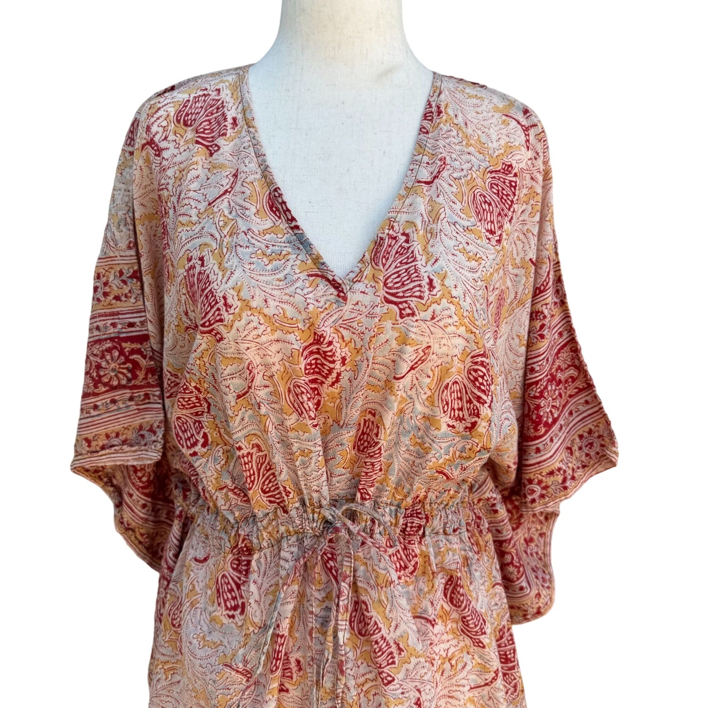 World Market Bohemian V Neck Red Beige Floral Paisley Tie Waist Kaftan Dress -OS