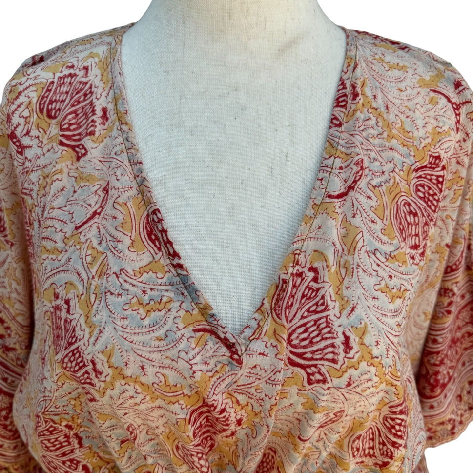 World Market Bohemian V Neck Red Beige Floral Paisley Tie Waist Kaftan Dress -OS