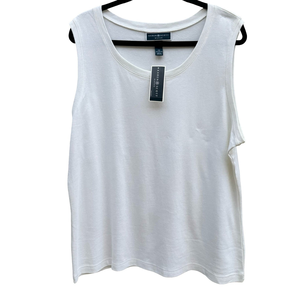 Karen Scott Breathable Sleeveless Cotton Top White 2X NEW Minimalist Layering