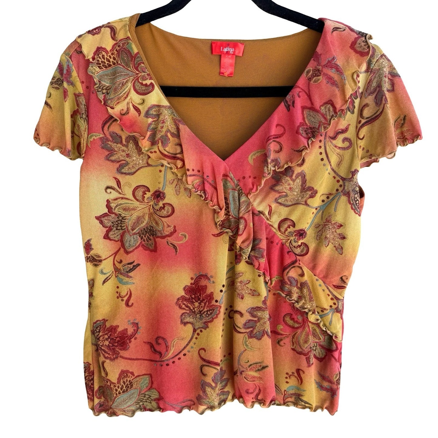 Latina Life Y2K Boho Floral Paisley Ruffle Fairy Top XL Lettuce Trim Whimsigoth