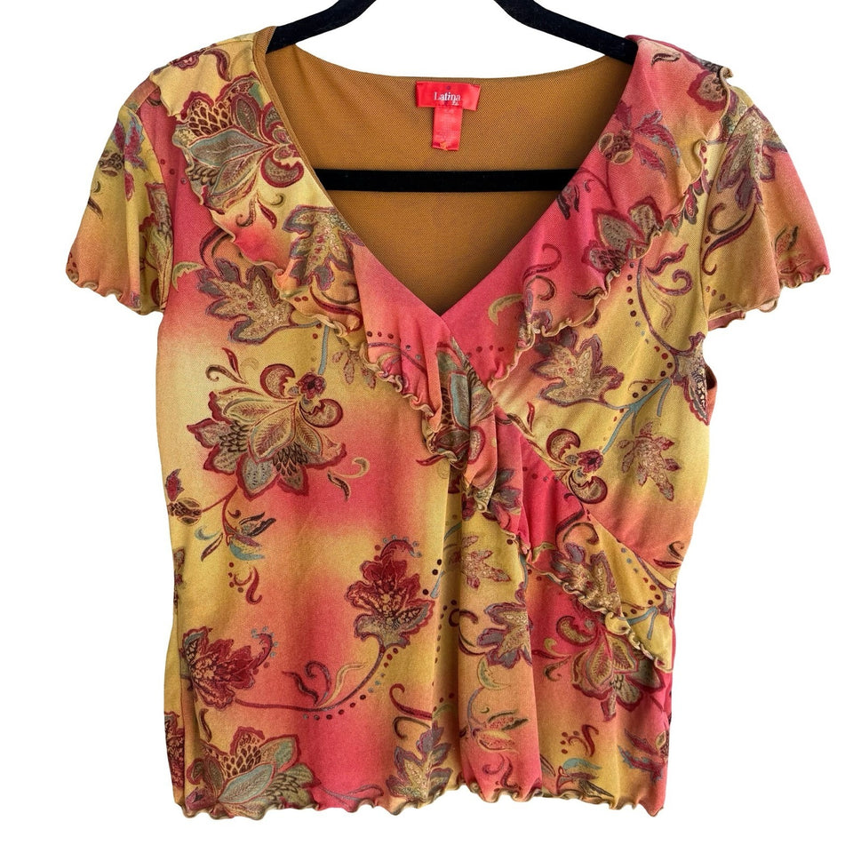 Latina Life Y2K Boho Floral Paisley Ruffle Fairy Top XL Lettuce Trim Whimsigoth