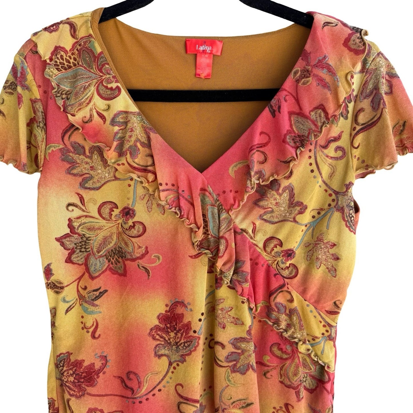 Latina Life Y2K Boho Floral Paisley Ruffle Fairy Top XL Lettuce Trim Whimsigoth