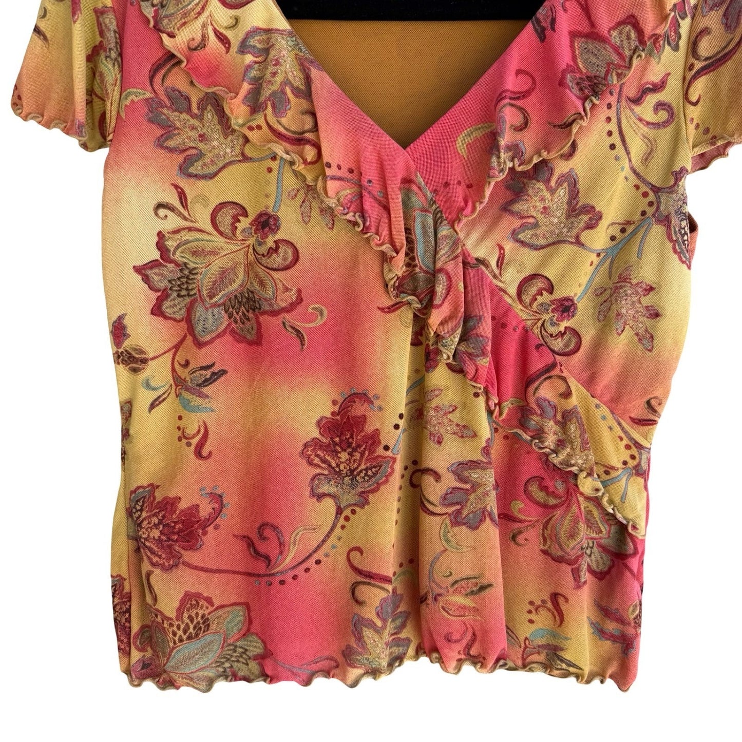Latina Life Y2K Boho Floral Paisley Ruffle Fairy Top XL Lettuce Trim Whimsigoth