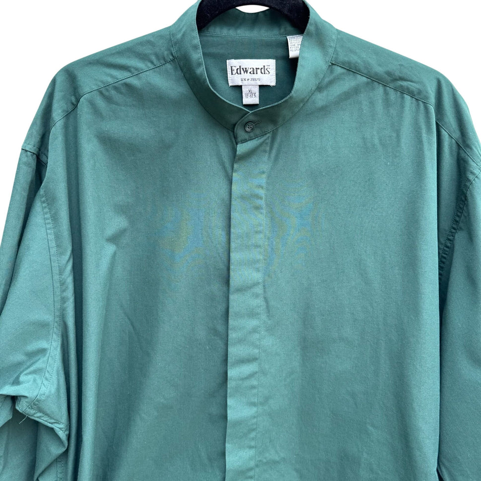 Edwards Mens Vintage Green Button-Up Band Collar Preppy Long Sleeve Shirt XL