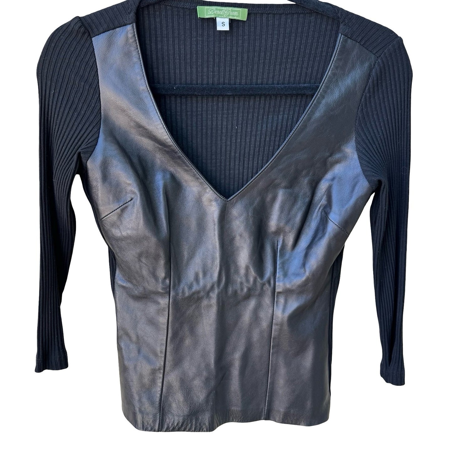 Derek Green Y2K Leather Front Biker Edgy Moto Ribbed Knit Goth Minimalist Top S