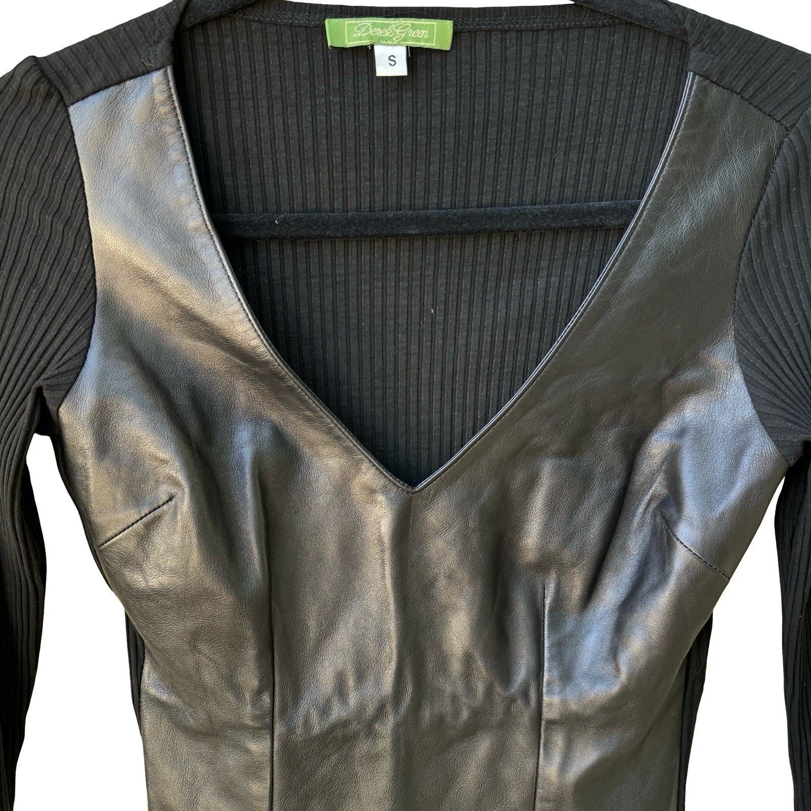 Derek Green Y2K Leather Front Biker Edgy Moto Ribbed Knit Goth Minimalist Top S