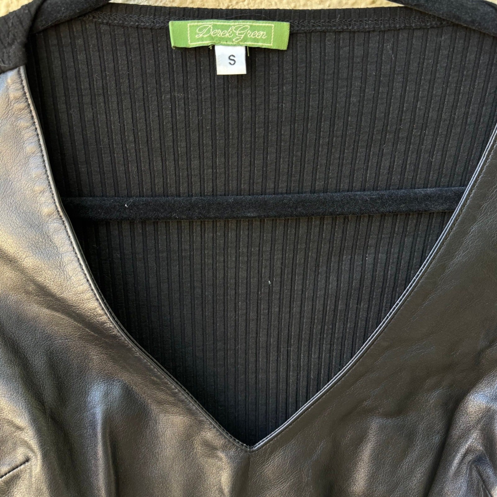 Derek Green Y2K Leather Front Biker Edgy Moto Ribbed Knit Goth Minimalist Top S