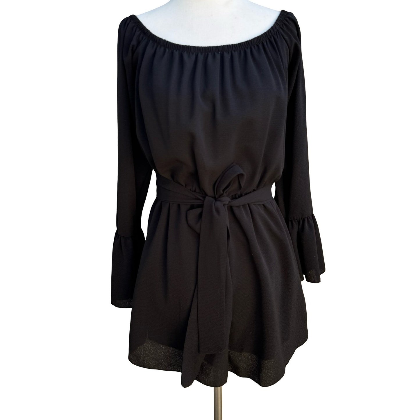 Fashion Nova Black Off Shoulder Bell Sleeve Belted Flowy Romper Boho Festival M