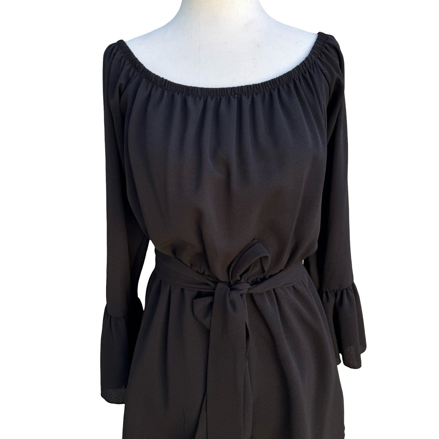 Fashion Nova Black Off Shoulder Bell Sleeve Belted Flowy Romper Boho Festival M
