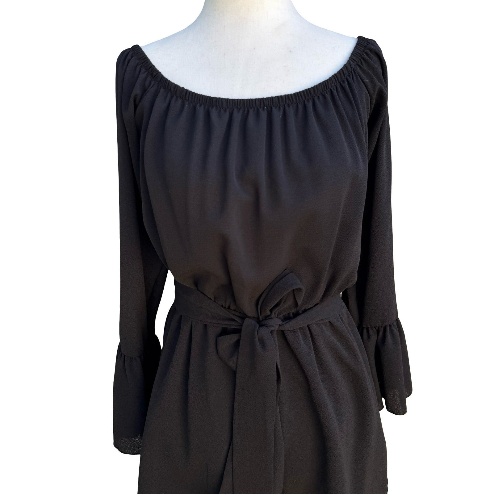 Fashion Nova Black Off Shoulder Bell Sleeve Belted Flowy Romper Boho Festival M