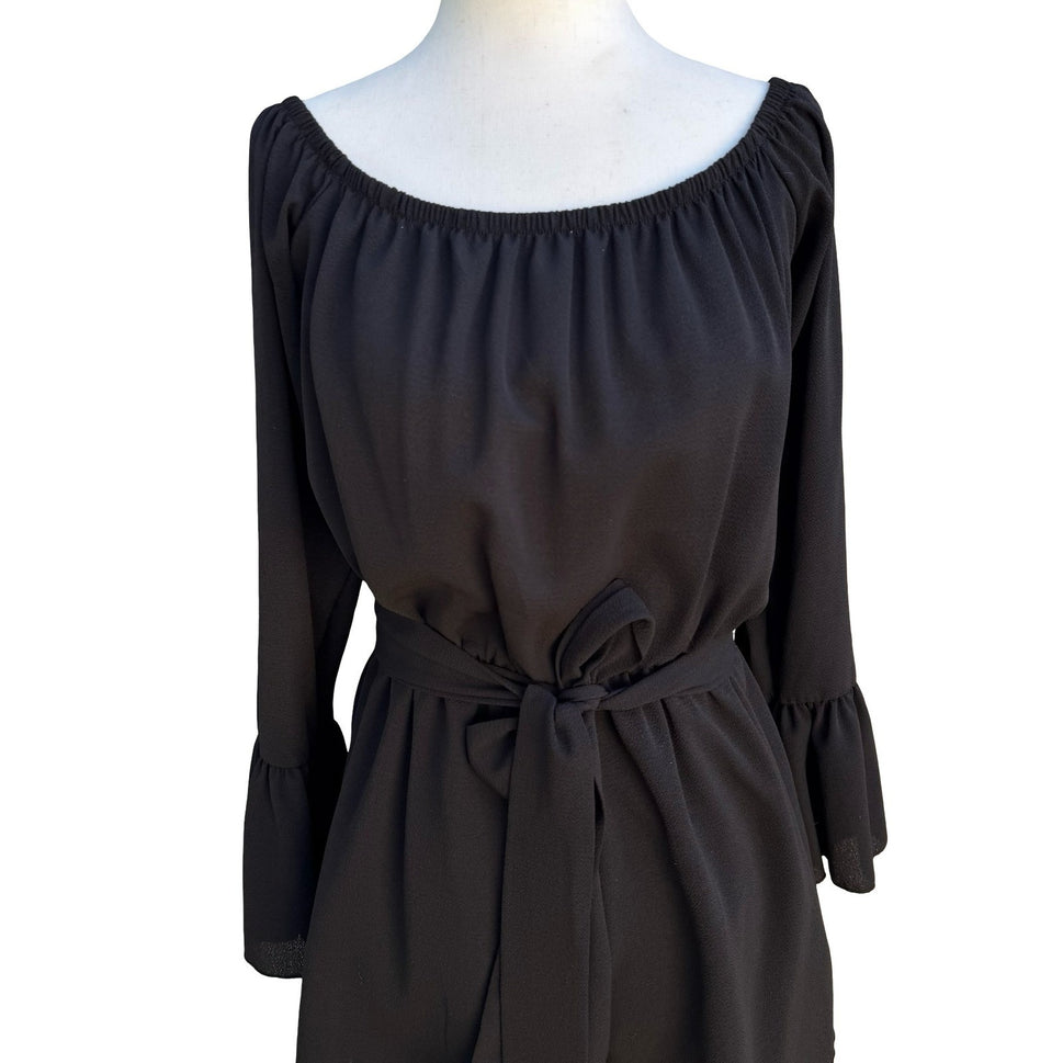 Fashion Nova Black Off Shoulder Bell Sleeve Belted Flowy Romper Boho Festival M