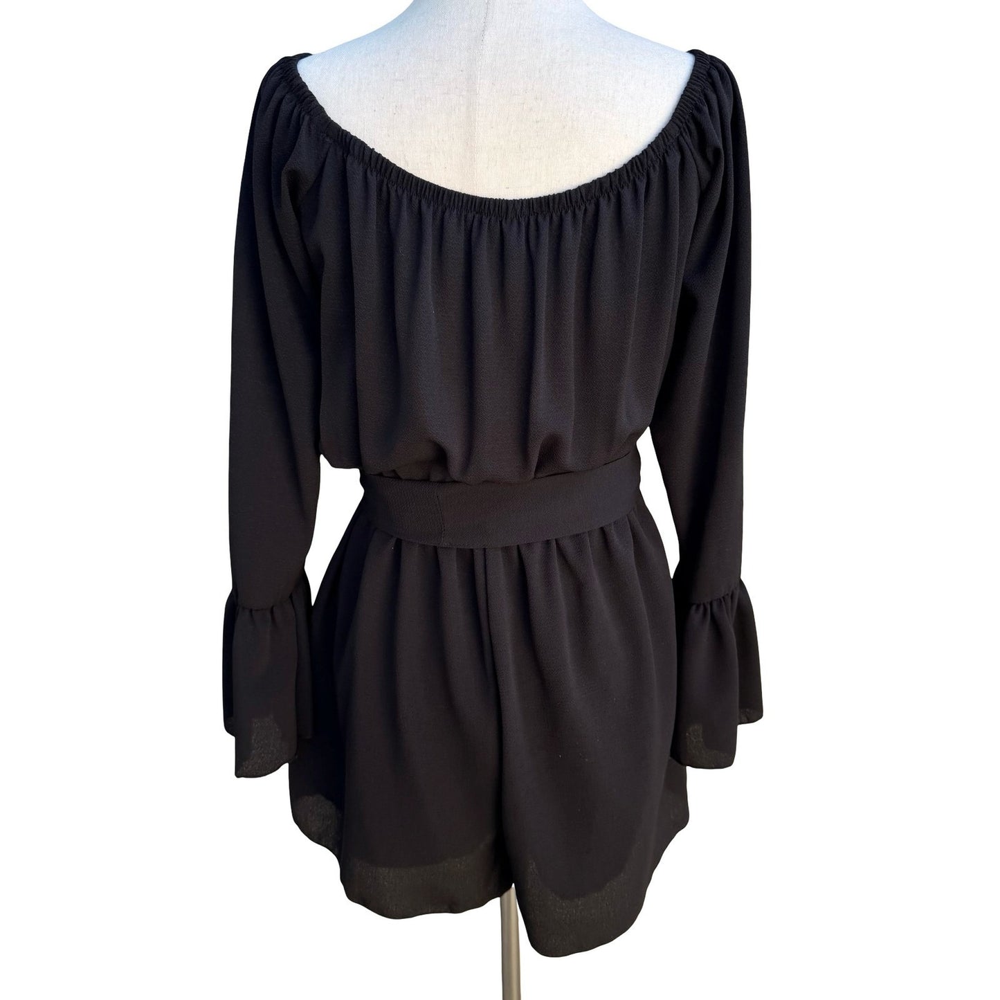 Fashion Nova Black Off Shoulder Bell Sleeve Belted Flowy Romper Boho Festival M
