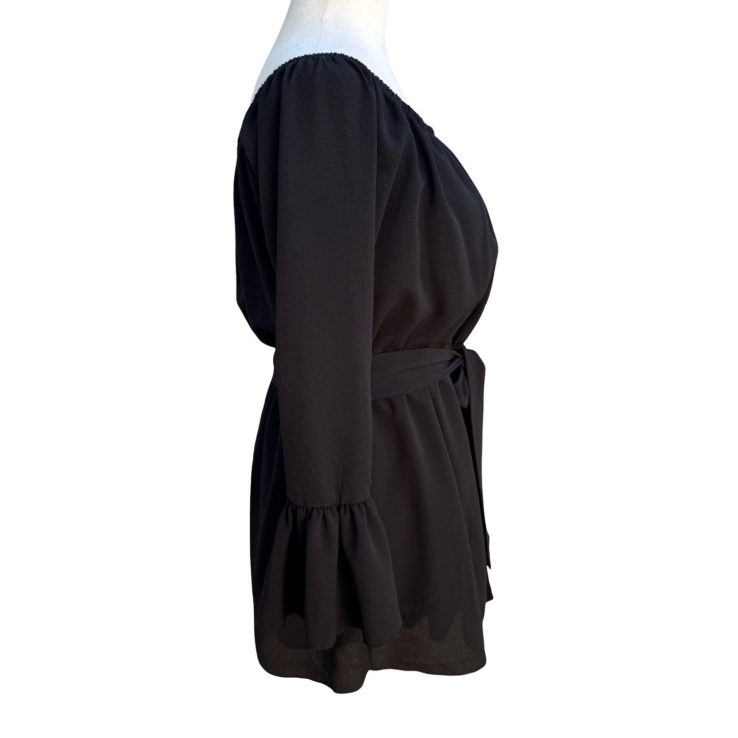 Fashion Nova Black Off Shoulder Bell Sleeve Belted Flowy Romper Boho Festival M