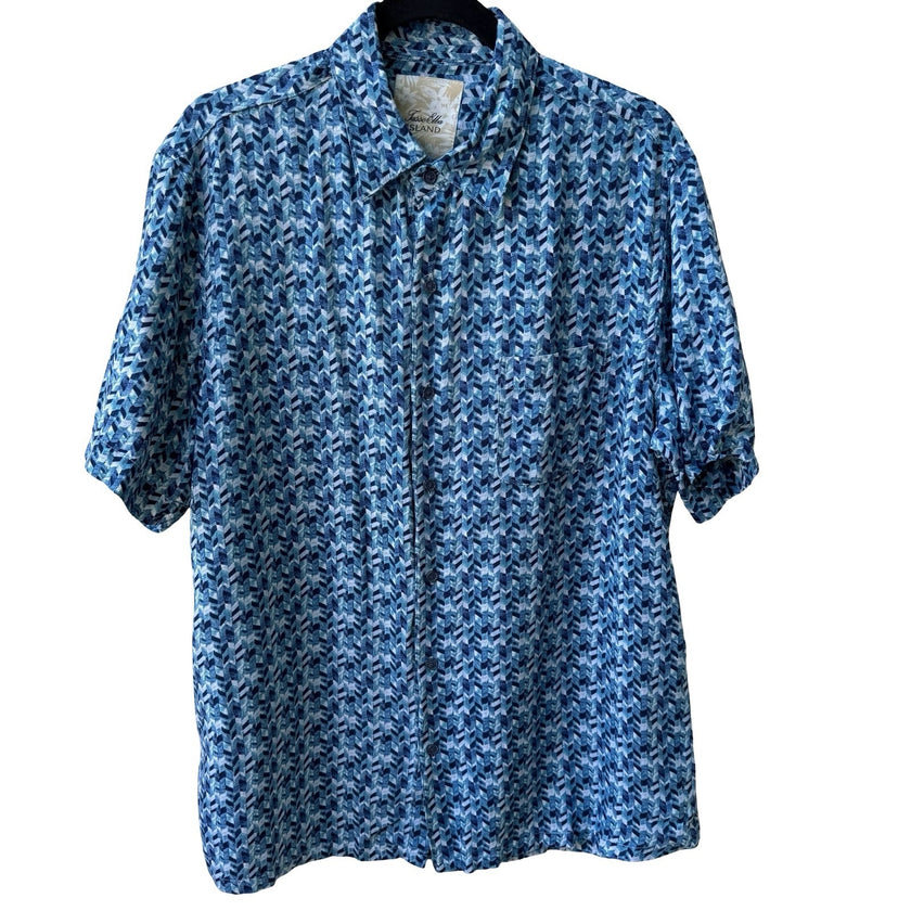 Tasso Elba Island Silk Linen Geometric Resortwear Coastal Beach Shirt Mens L