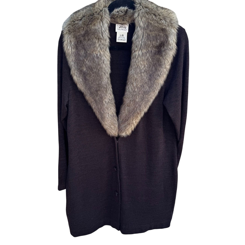 Ariat Womens Brown Knit Faux Fur Collar Long Sleeve Longline Cardigan Sweater L