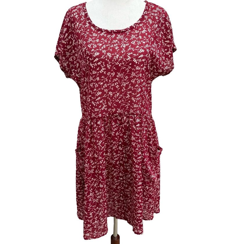 Rampage Vintage 90s Cottagecore Burgundy Ditsy Floral Drop Waist Dress USA Made