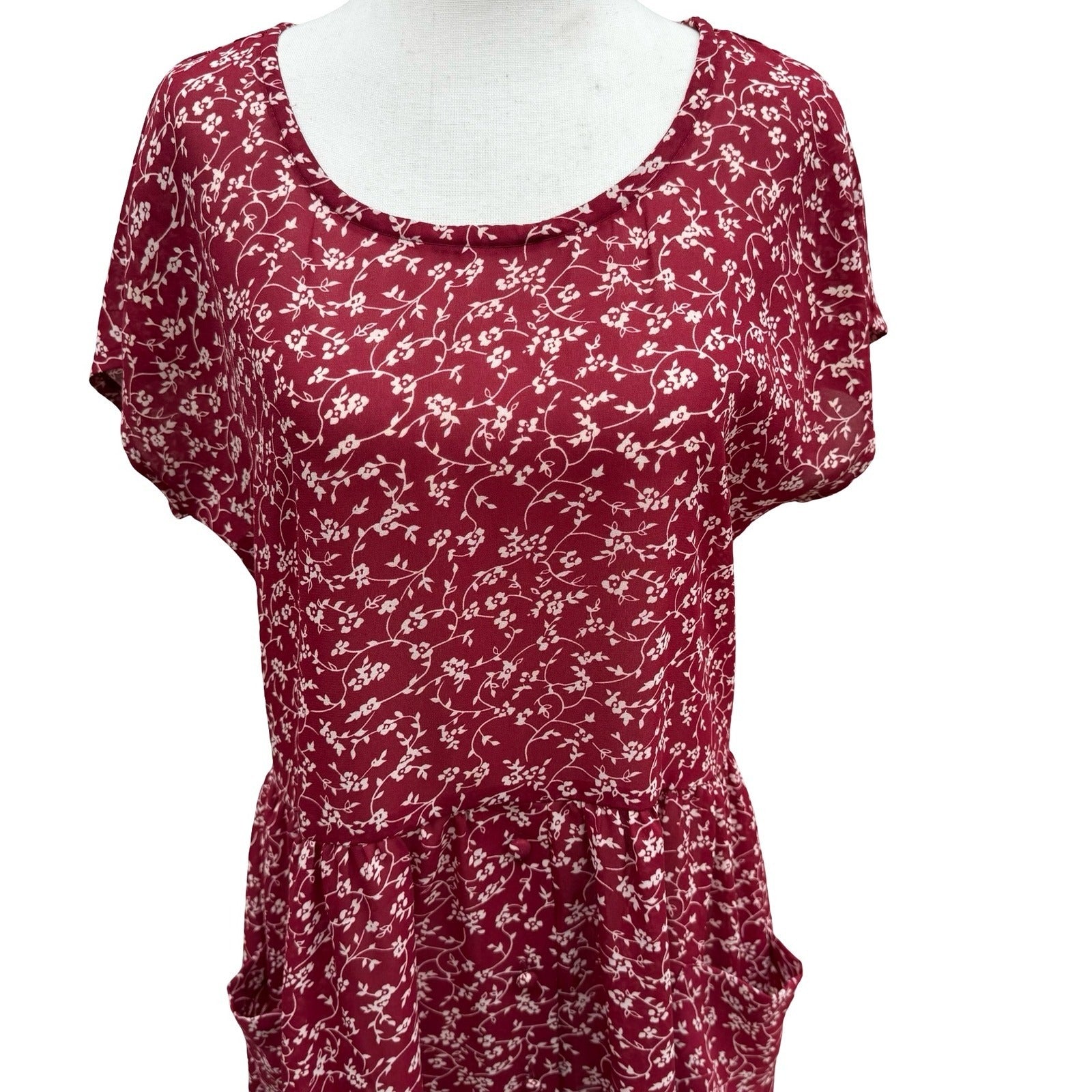 Rampage Vintage 90s Cottagecore Burgundy Ditsy Floral Drop Waist Dress USA Made