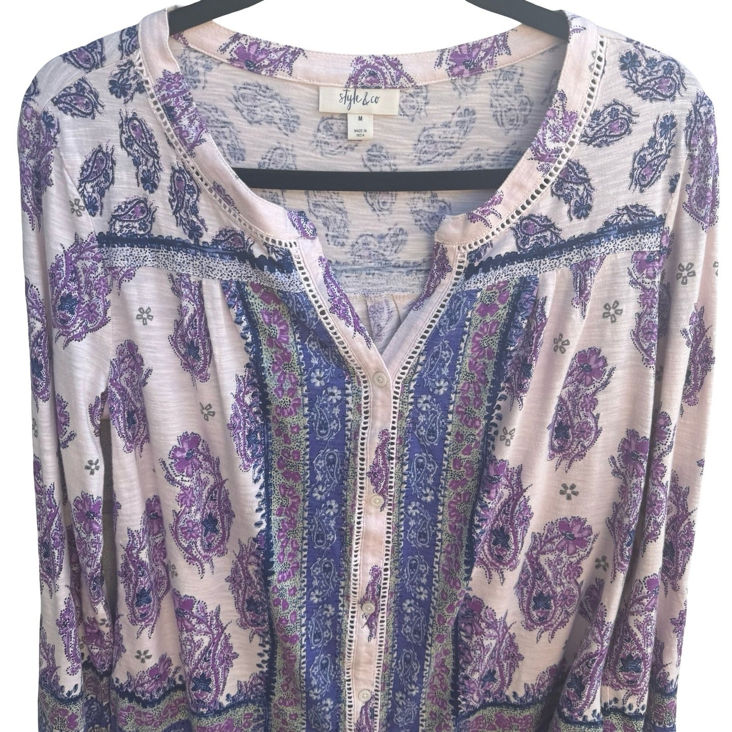 Style & Co Paisley Boho Hippie Gypsy Crochet Slub Knit Peasant Blouse Purple M