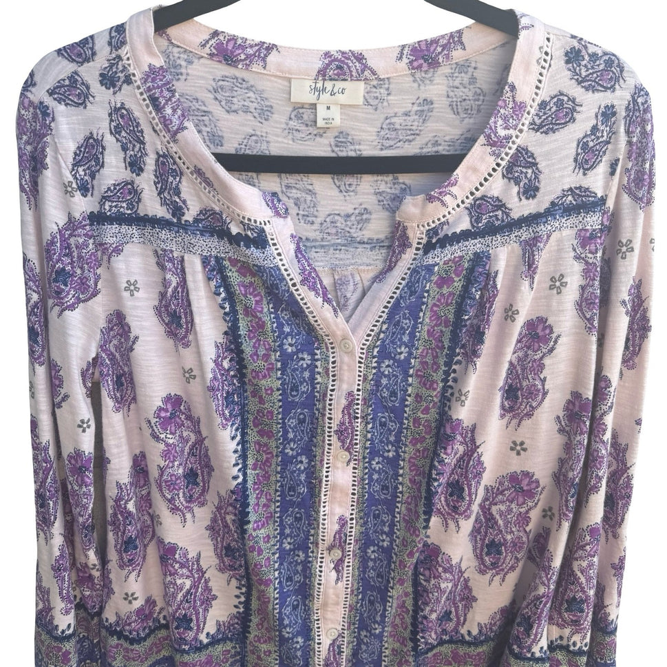 Style & Co Paisley Boho Hippie Gypsy Crochet Slub Knit Peasant Blouse Purple M