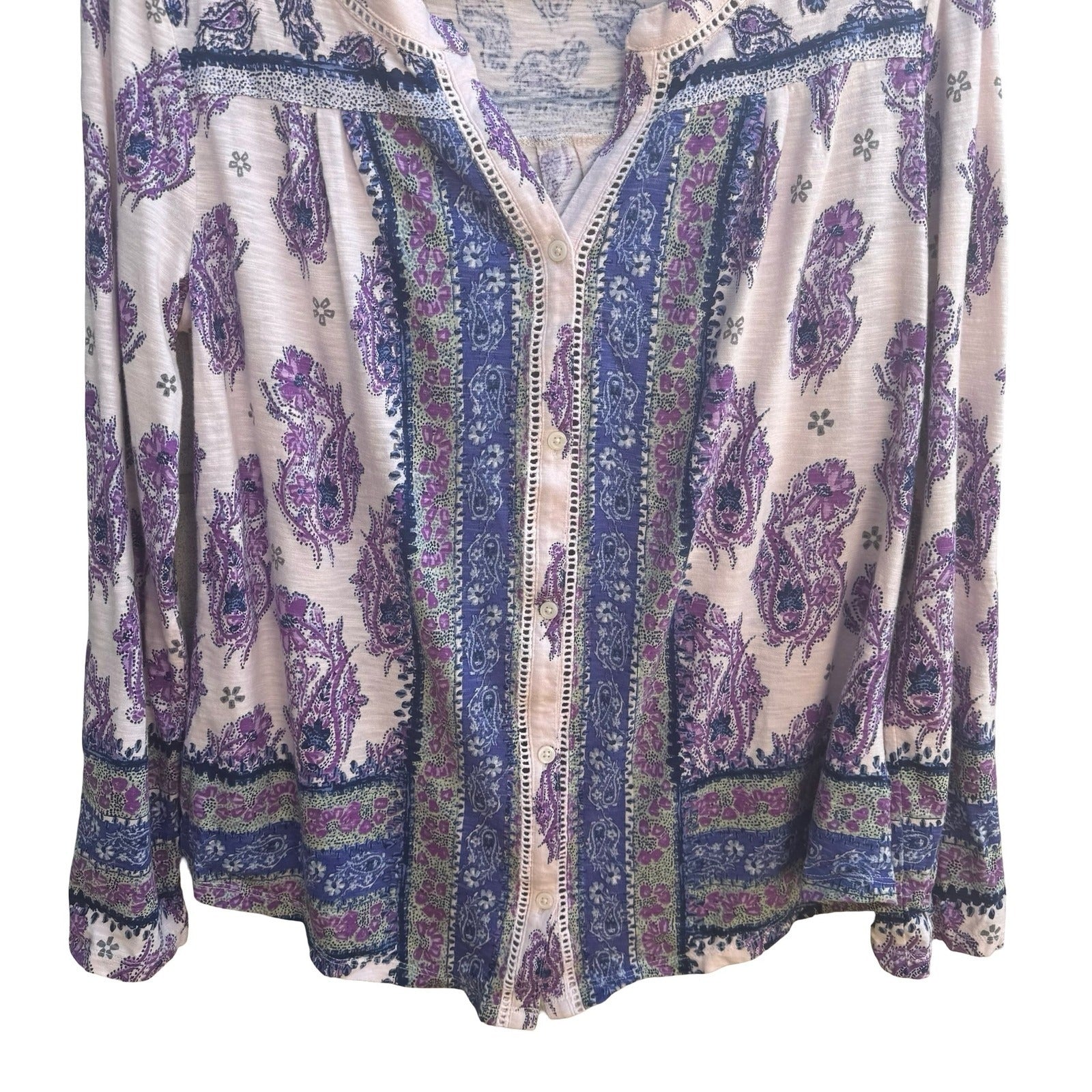 Style & Co Paisley Boho Hippie Gypsy Crochet Slub Knit Peasant Blouse Purple M