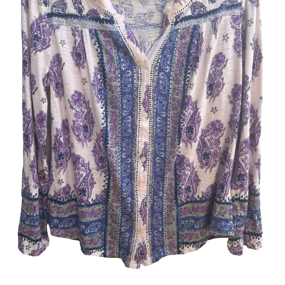 Style & Co Paisley Boho Hippie Gypsy Crochet Slub Knit Peasant Blouse Purple M