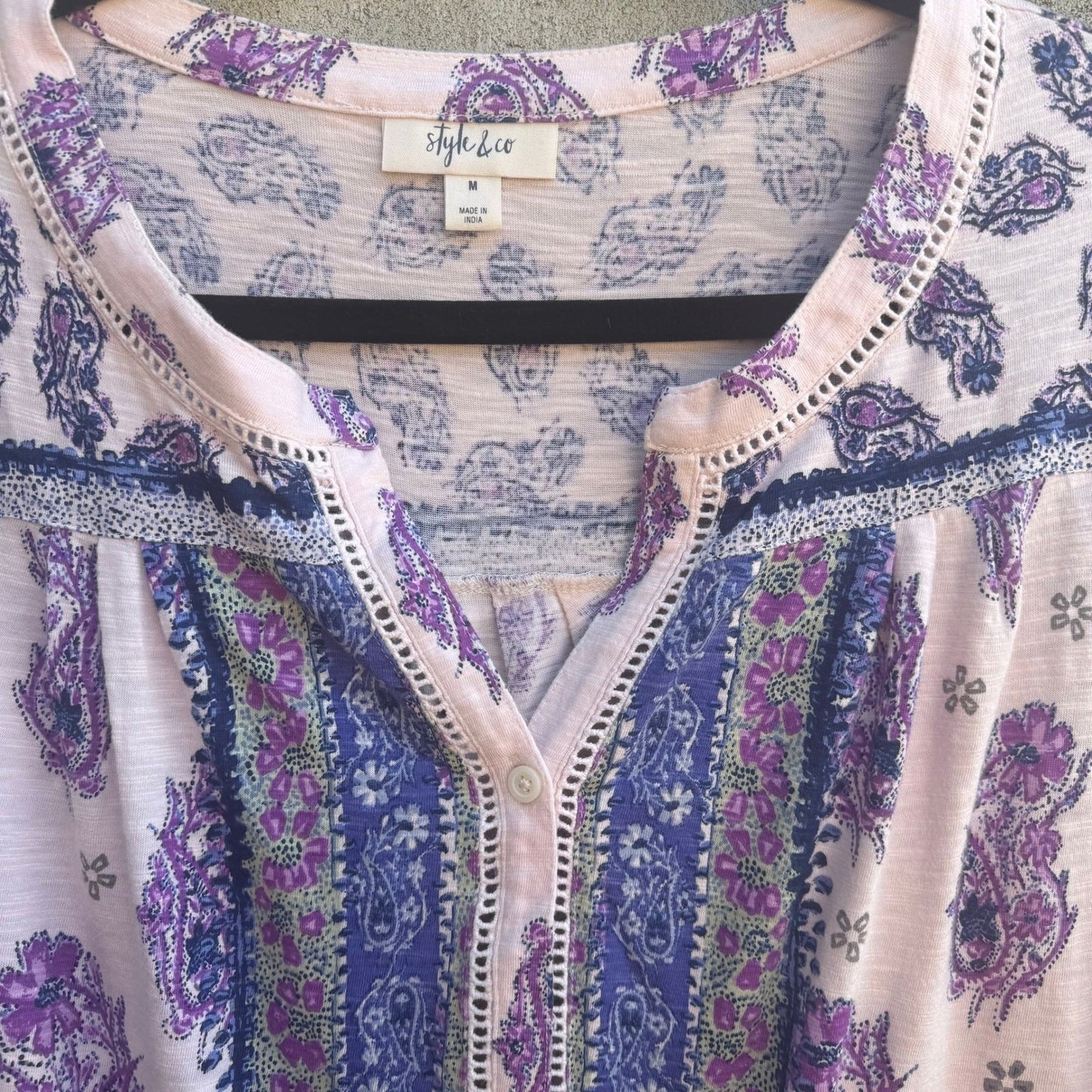 Style & Co Paisley Boho Hippie Gypsy Crochet Slub Knit Peasant Blouse Purple M