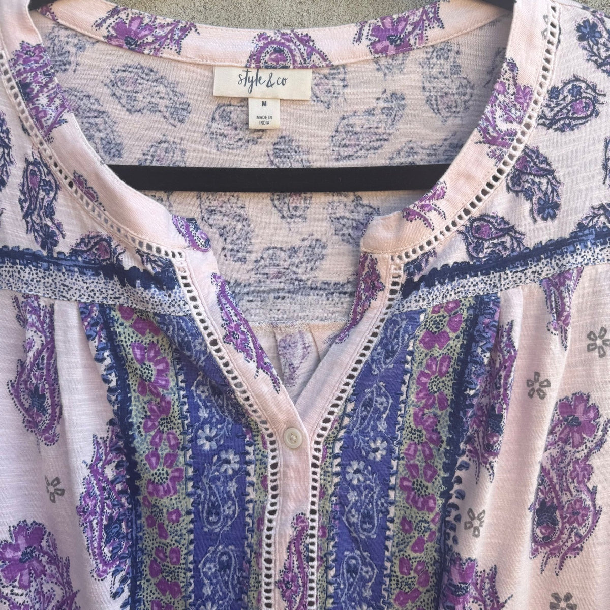 Style & Co Paisley Boho Hippie Gypsy Crochet Slub Knit Peasant Blouse Purple M