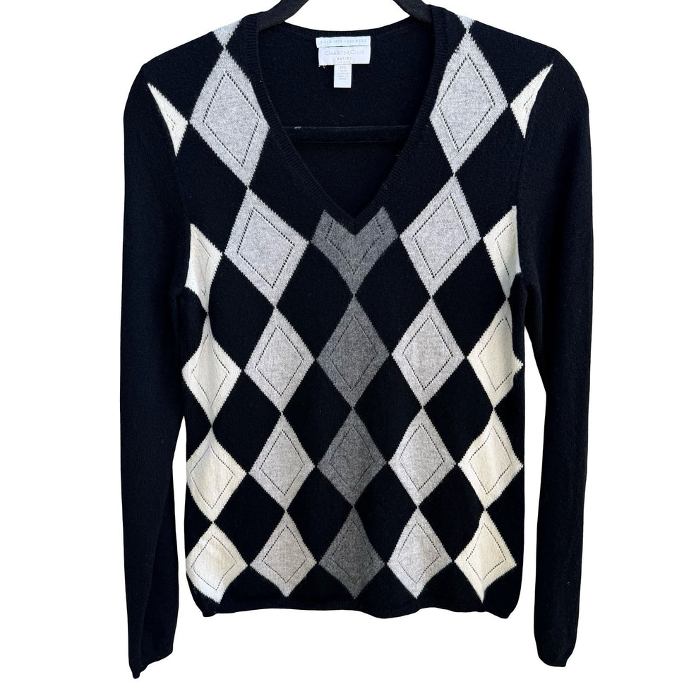 Charter Club Argyle Cashmere Old Money Academia Minimalist Preppy Sweater S