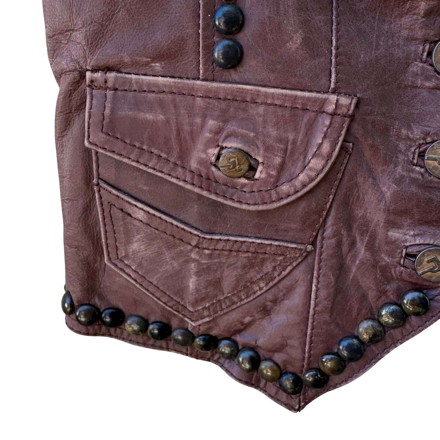 J & Company Vintage Y2K Rocker Biker Moto Western Brown Leather Studded Vest S
