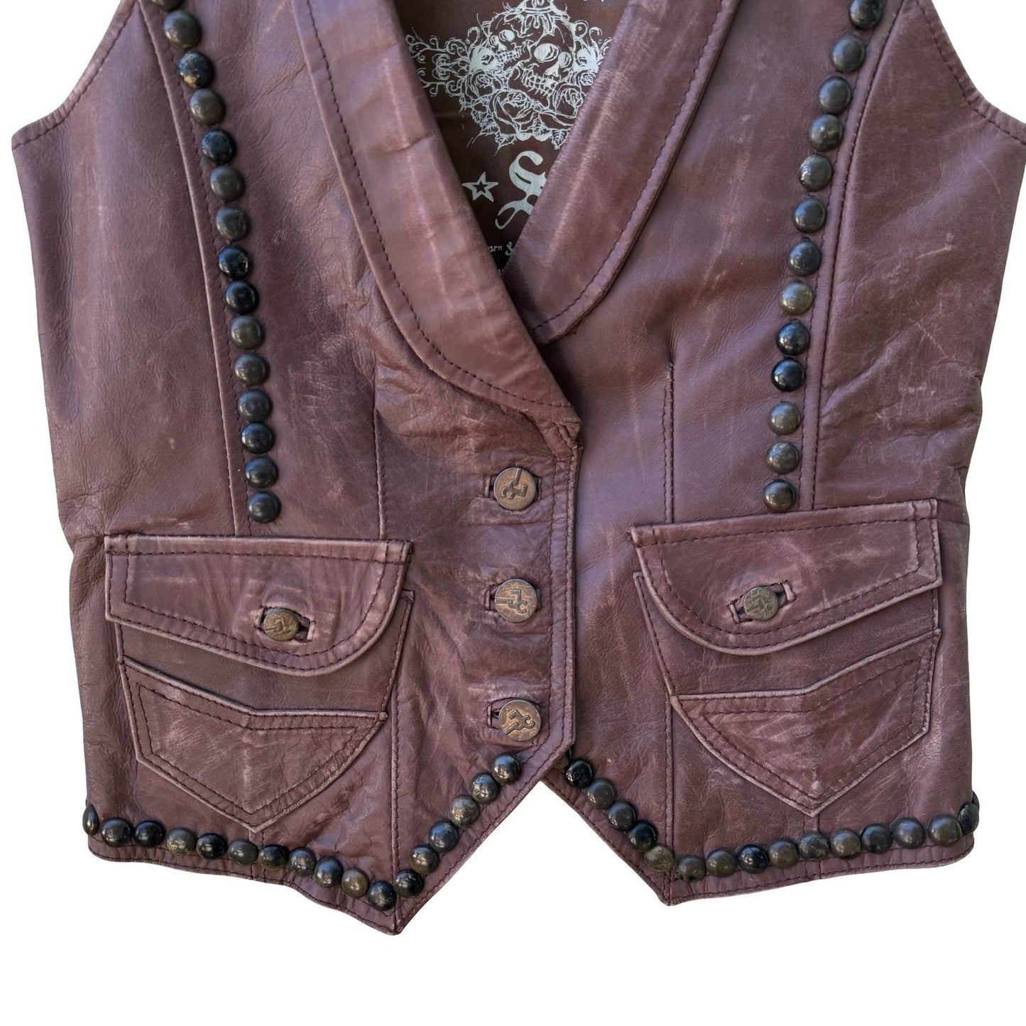 J & Company Vintage Y2K Rocker Biker Moto Western Brown Leather Studded Vest S