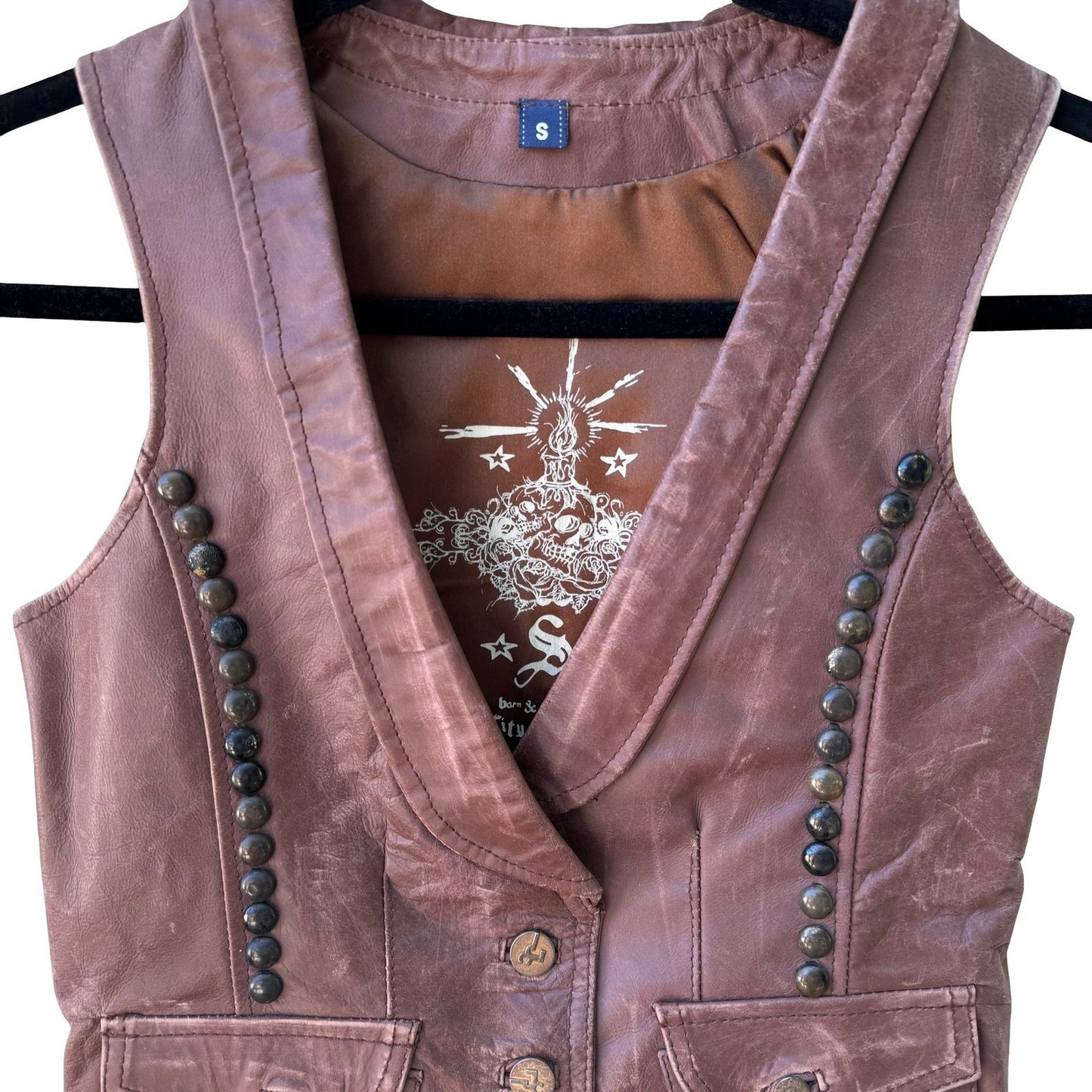 J & Company Vintage Y2K Rocker Biker Moto Western Brown Leather Studded Vest S