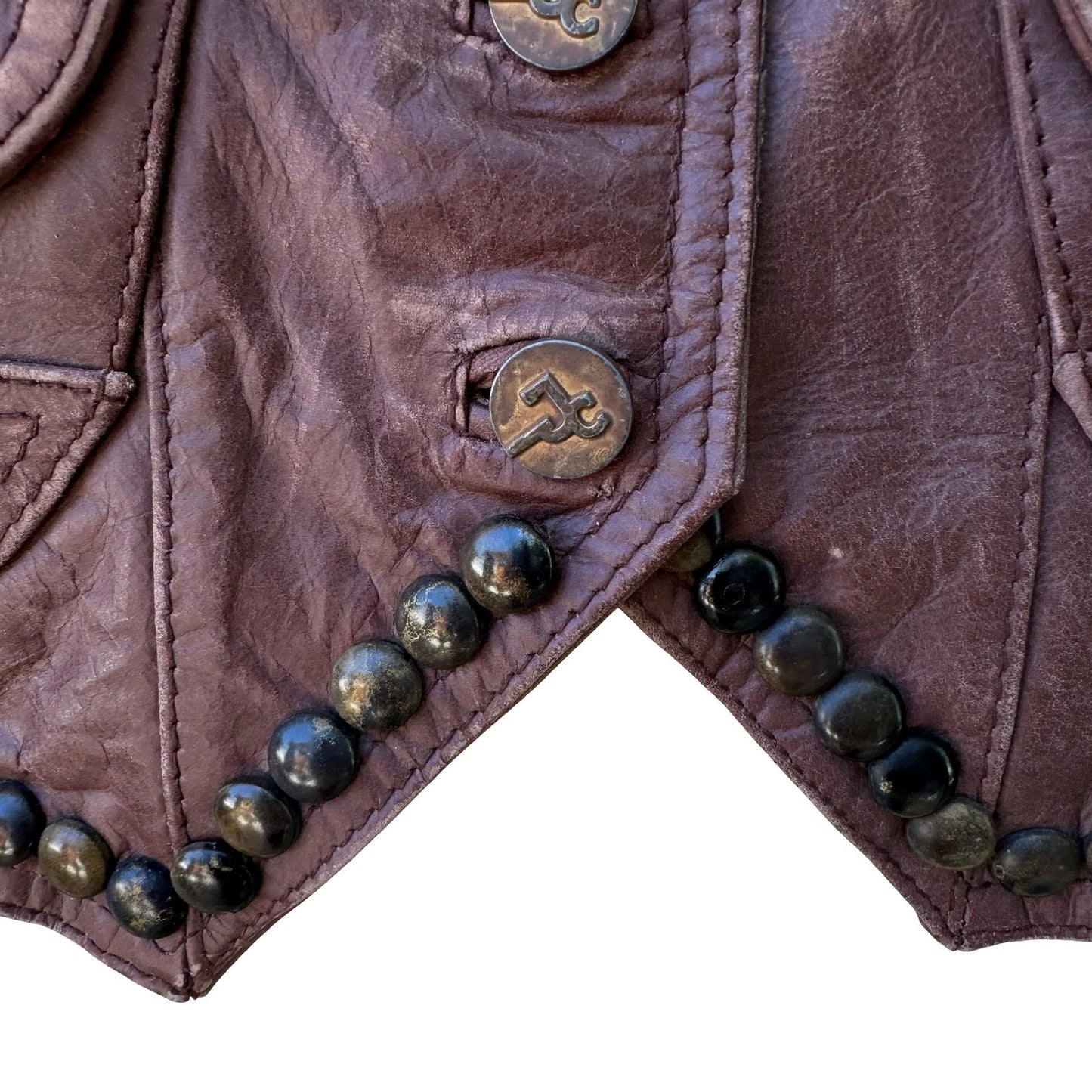 J & Company Vintage Y2K Rocker Biker Moto Western Brown Leather Studded Vest S