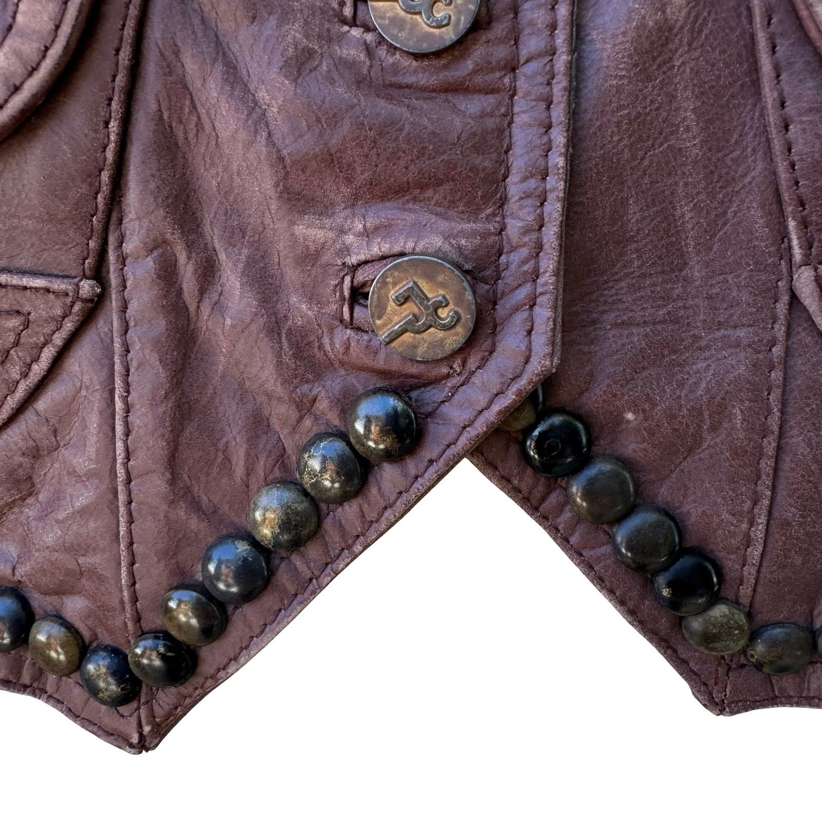 J & Company Vintage Y2K Rocker Biker Moto Western Brown Leather Studded Vest S