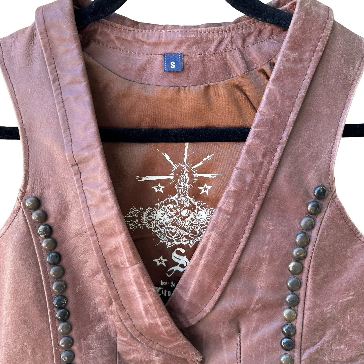 J & Company Vintage Y2K Rocker Biker Moto Western Brown Leather Studded Vest S