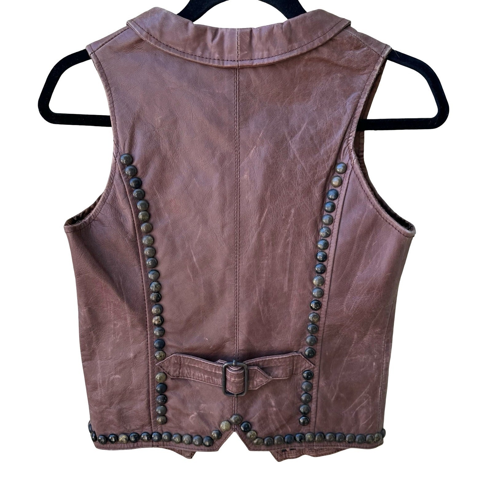 J & Company Vintage Y2K Rocker Biker Moto Western Brown Leather Studded Vest S