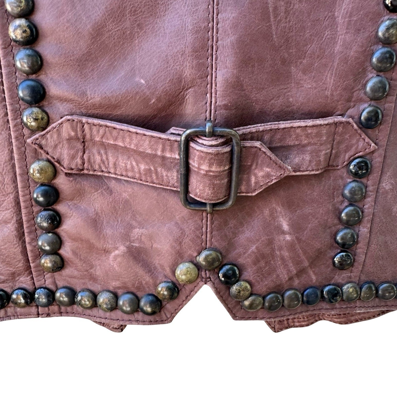 J & Company Vintage Y2K Rocker Biker Moto Western Brown Leather Studded Vest S