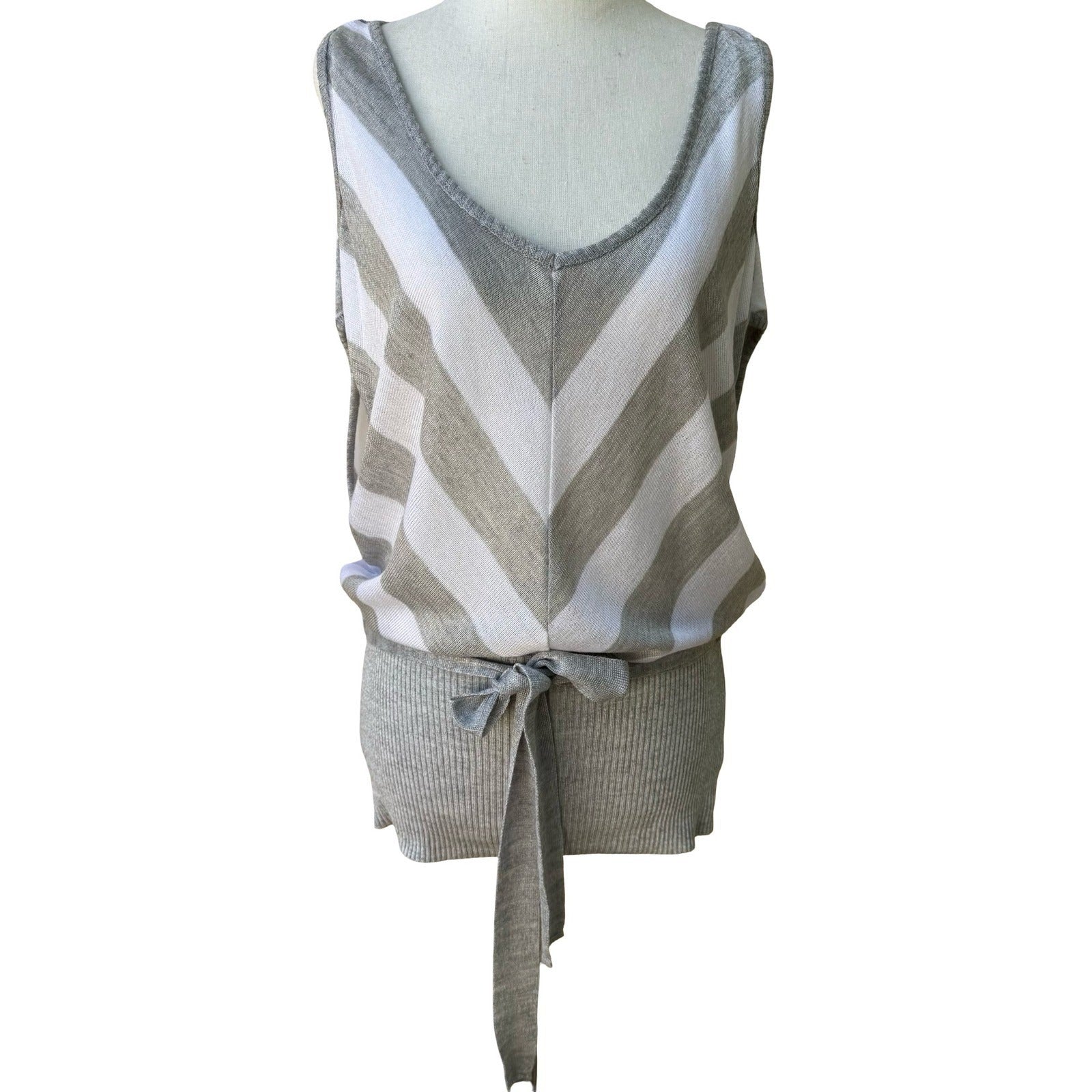 Cherry Knit Minimalist Chevron Striped Cold Shoulder Tie Waist Knit Sweater L
