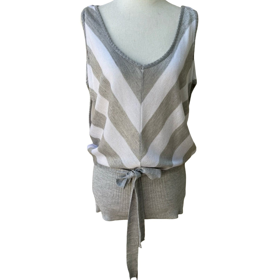 Cherry Knit Minimalist Chevron Striped Cold Shoulder Tie Waist Knit Sweater L