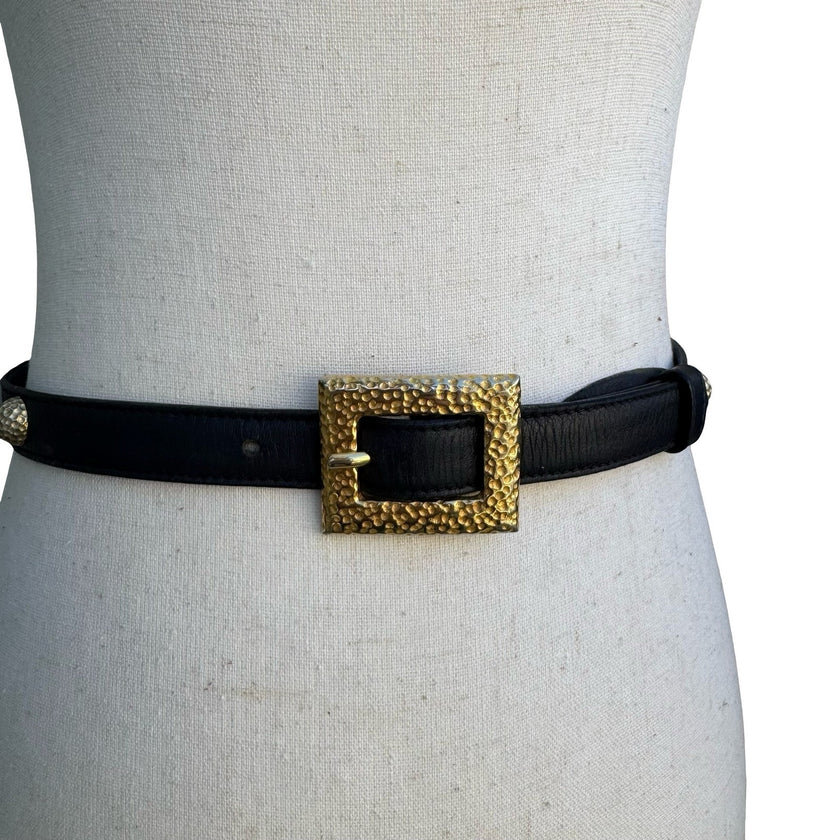 Paloma Picasso Vintage Black Leather Belt Hammered Gold Buckle Studs Italy Women