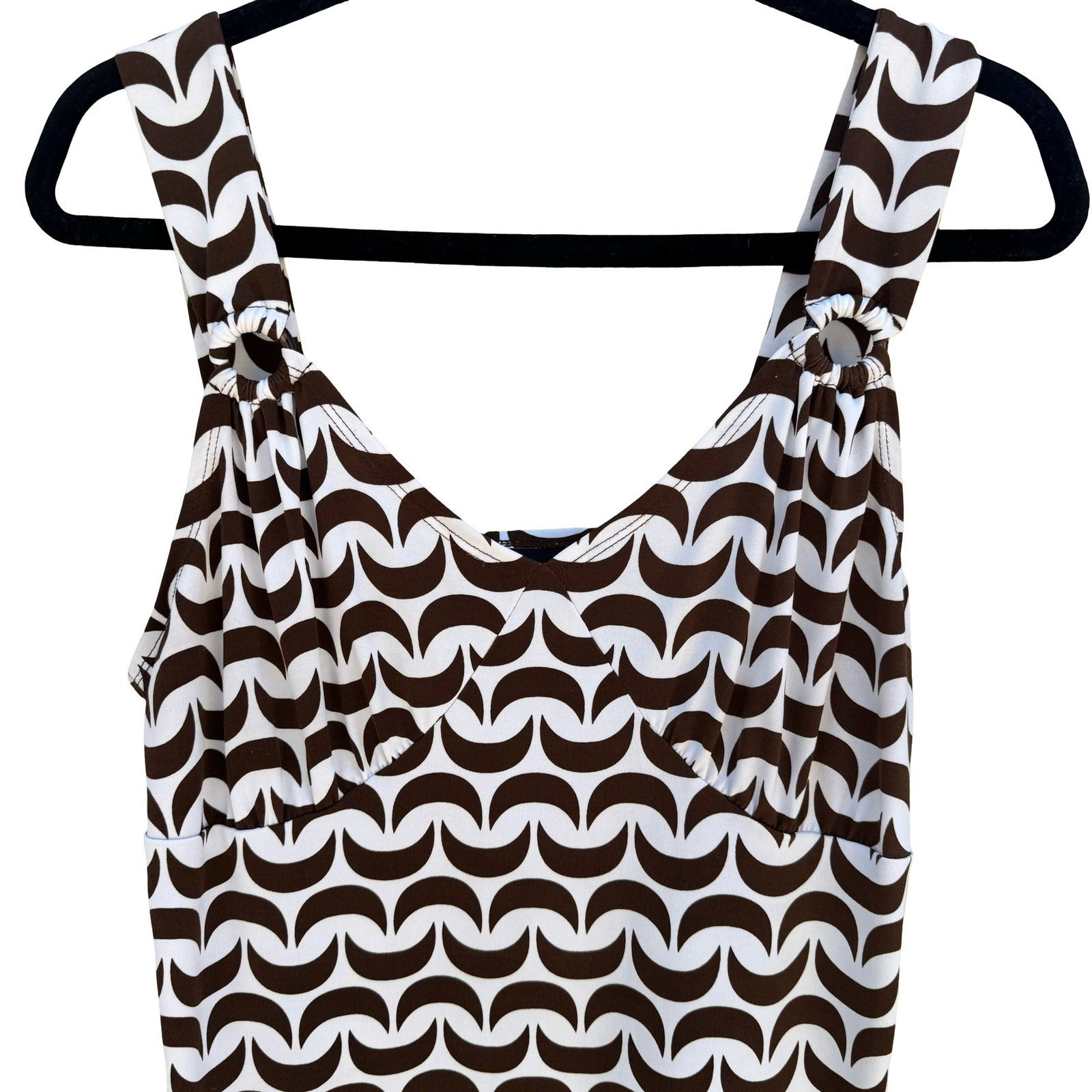Attention Mod Y2K Brown Geometric Crescent V-Neck Top O-Ring Minimalist Layering
