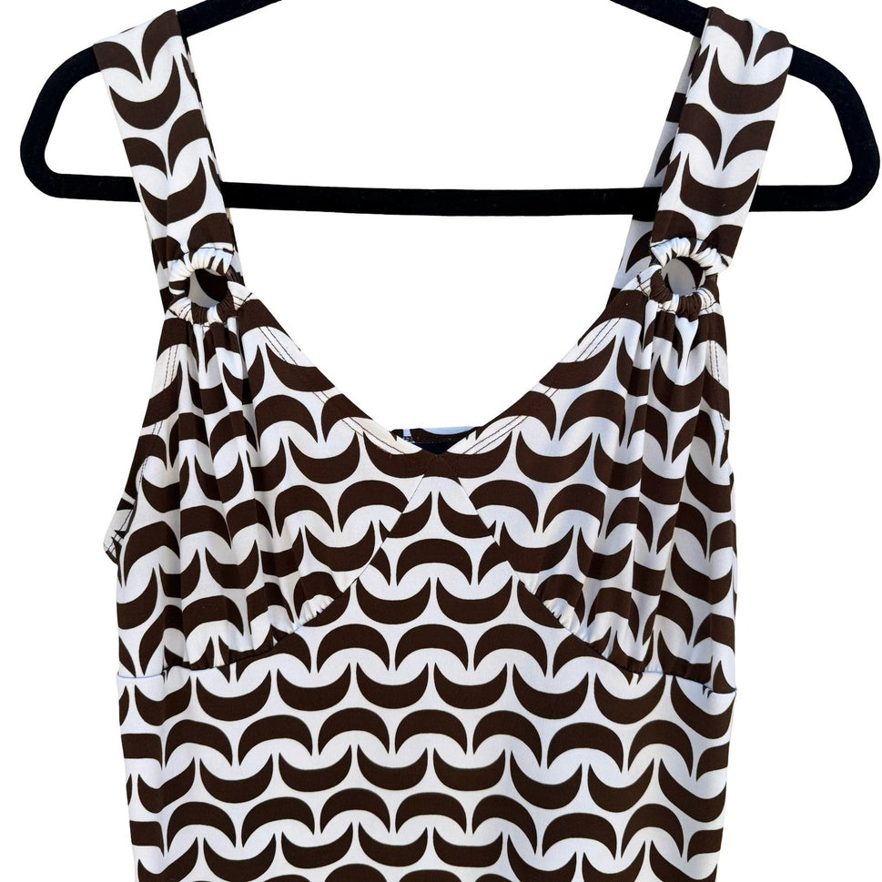 Attention Mod Y2K Brown Geometric Crescent V-Neck Top O-Ring Minimalist Layering