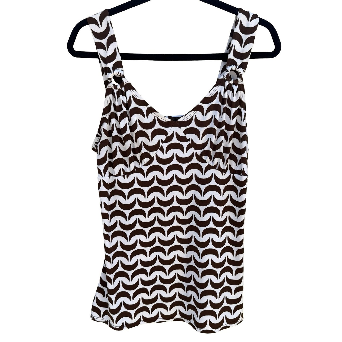 Attention Mod Y2K Brown Geometric Crescent V-Neck Top O-Ring Minimalist Layering