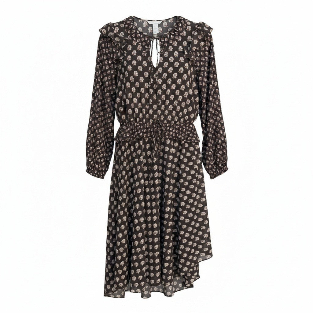 HM Womens 0 Floral Ruffle Midi Dress Brown Boho Long Sleeve Keyhole Tie Neck