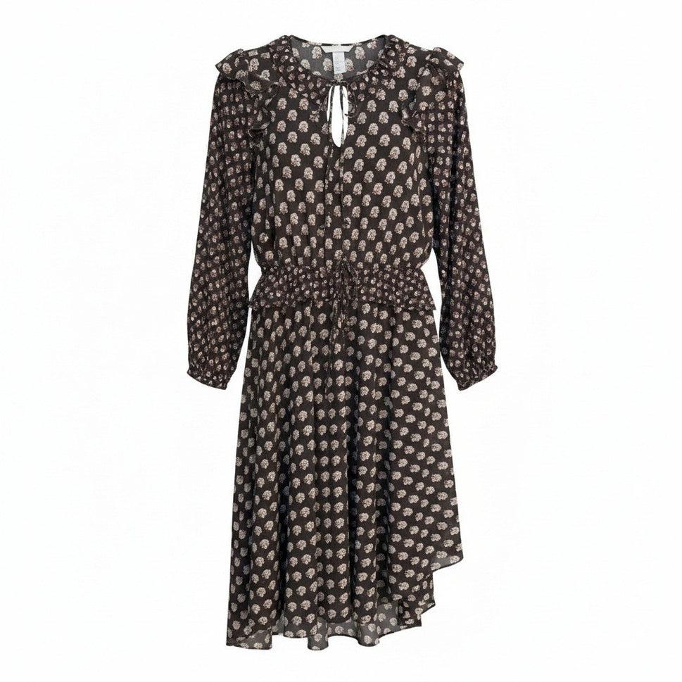 HM Womens 0 Floral Ruffle Midi Dress Brown Boho Long Sleeve Keyhole Tie Neck