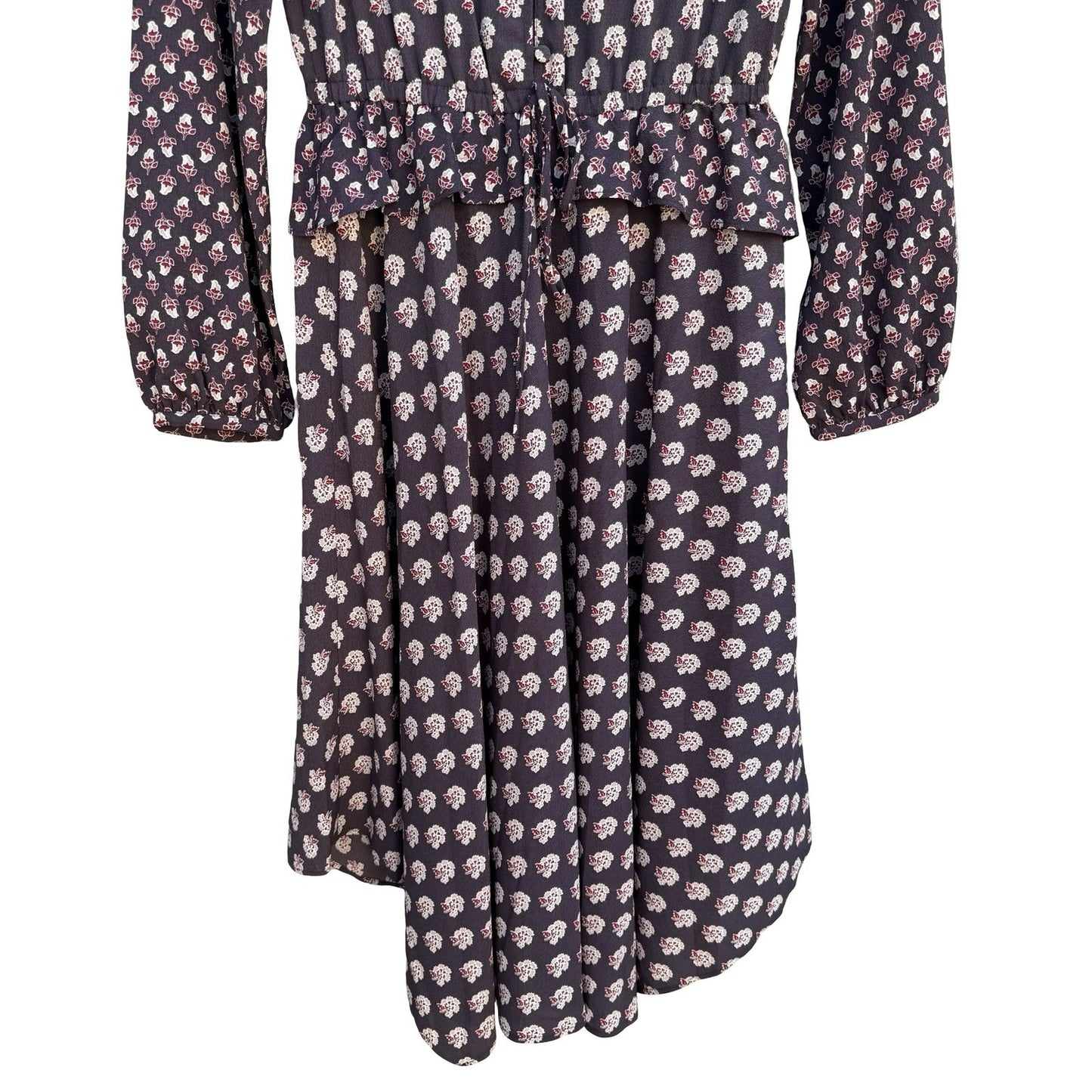HM Womens 0 Floral Ruffle Midi Dress Brown Boho Long Sleeve Keyhole Tie Neck
