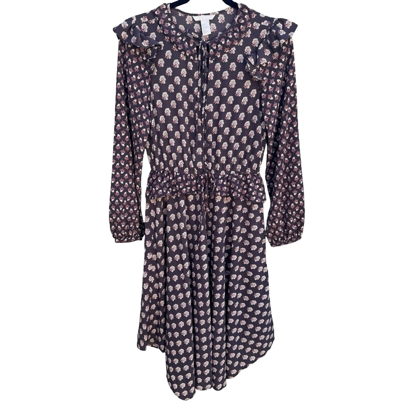 HM Womens 0 Floral Ruffle Midi Dress Brown Boho Long Sleeve Keyhole Tie Neck
