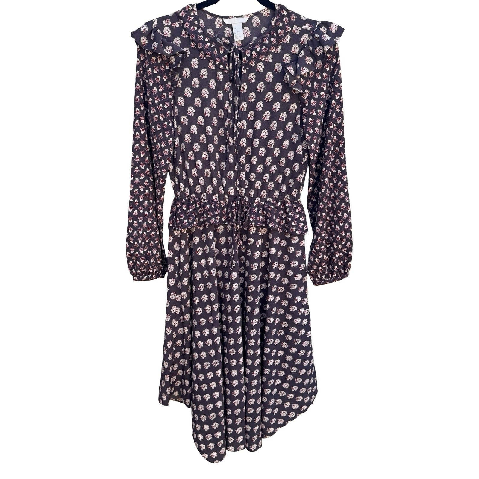 HM Womens 0 Floral Ruffle Midi Dress Brown Boho Long Sleeve Keyhole Tie Neck